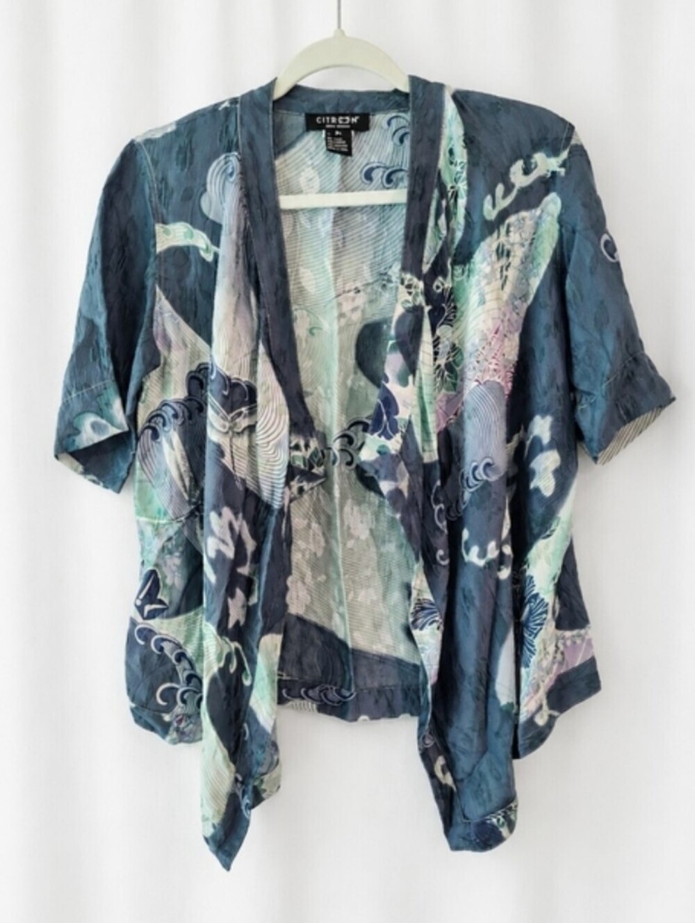 Citron Santa Monica Silk Blend Watercolor Wave Kimono Bolero Japanese Art PS